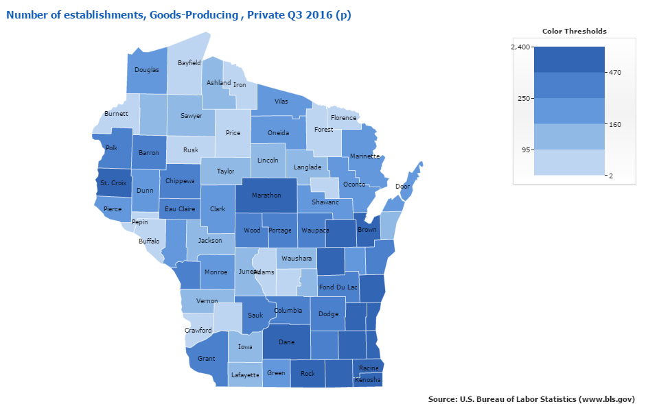 Wisconsin Number of Manufacturing Businesses by County