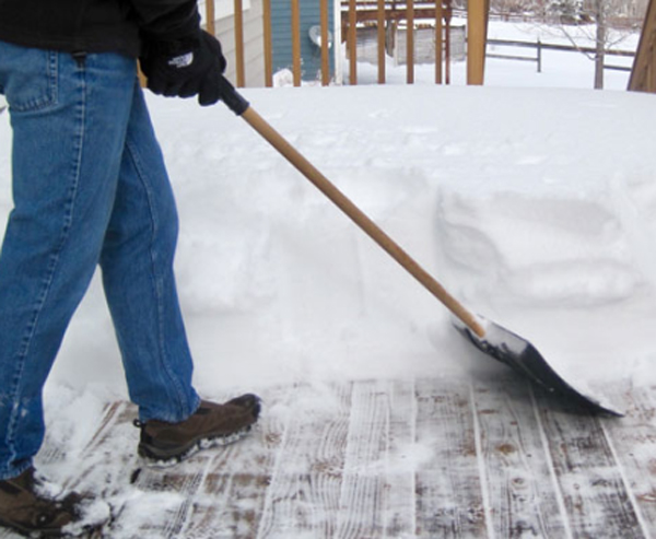 After shoveling snow a wood deck can still be slippery