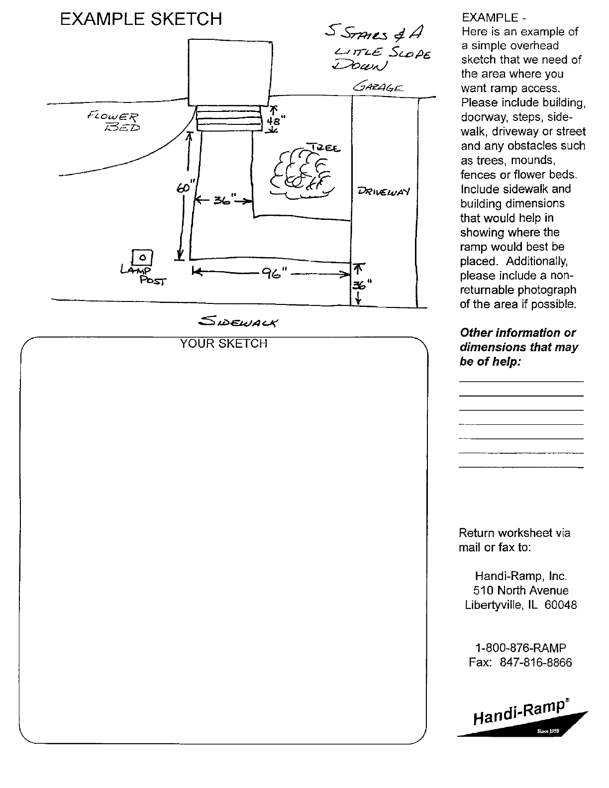 Example site sketch showing stairs, driveway, sidewalk, and ramp path obstacles