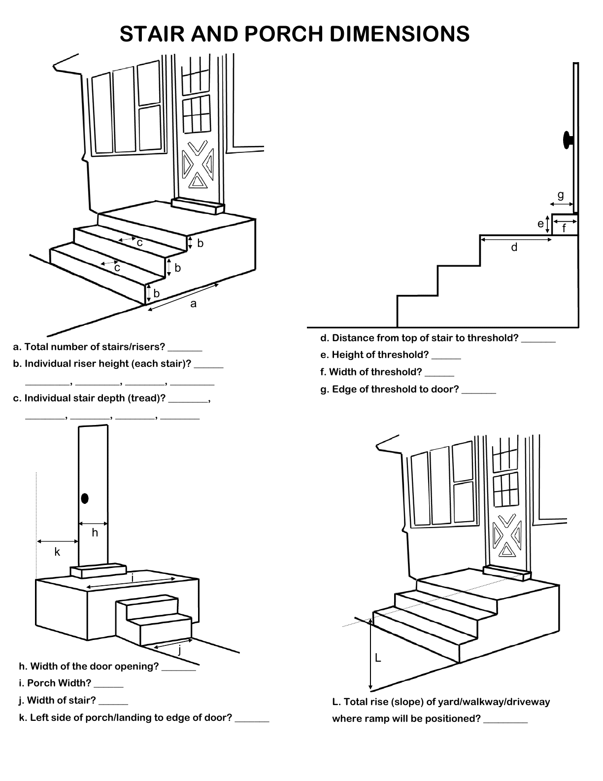 Stair, porch, threshold, and door measurement diagram for ramp planning